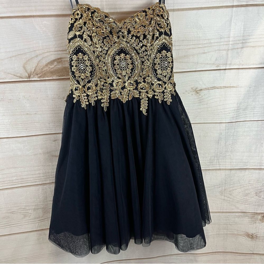 City Studio Special Occasion Strapless Dress Juniors Navy & Gold 5 NWT - Picture 2 of 14